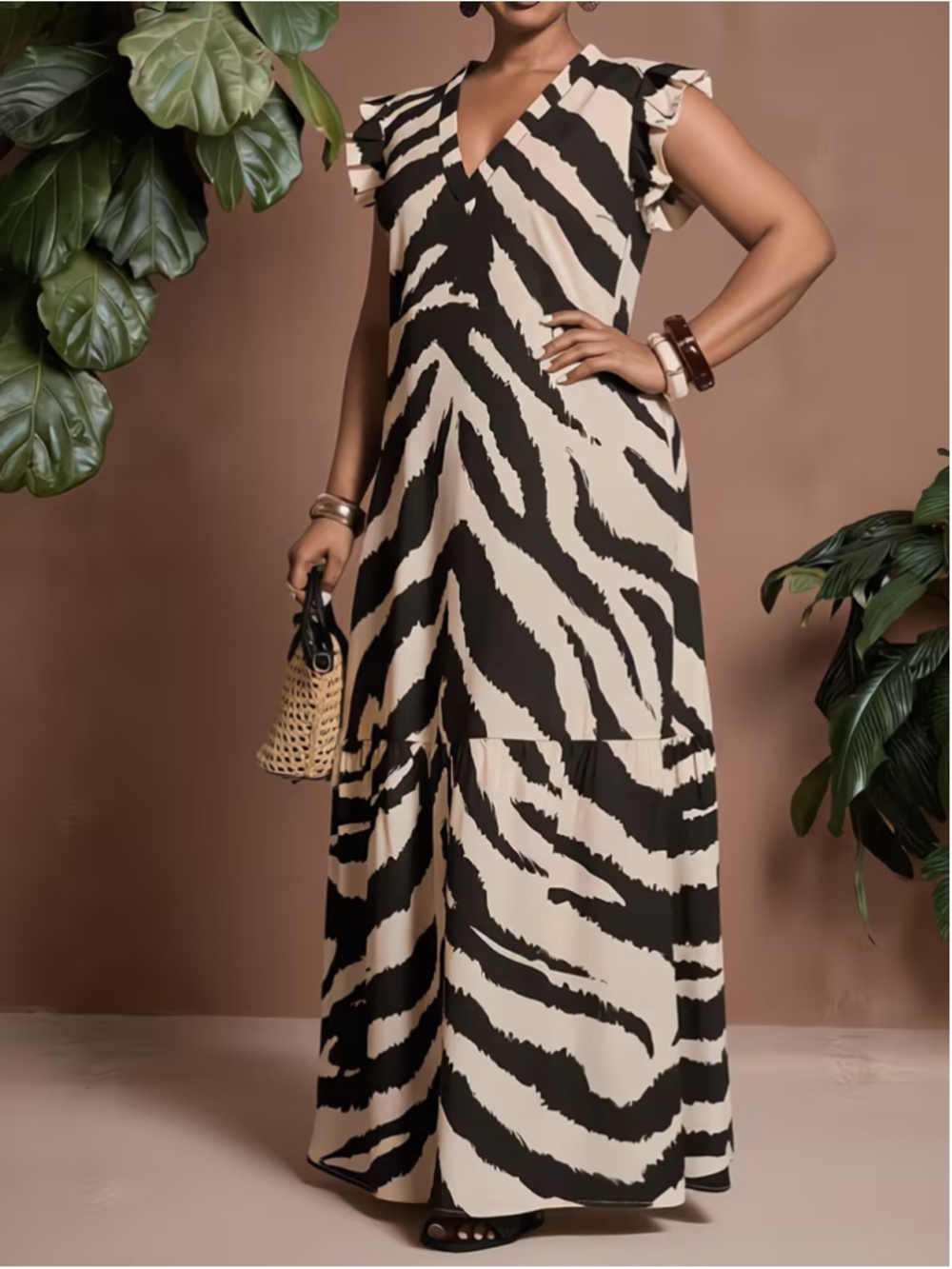 Osadia Plus Size 3X Zebra Print Maxi Dress Ruffle Sleeve V Neck Polyester Boho - Picture 2 of 8